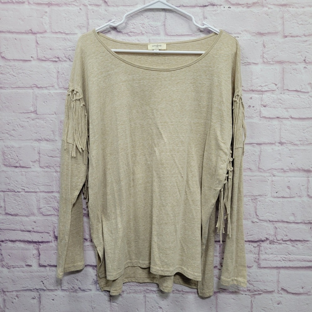 Umgee Boho Beige Fringe Sleeve Blouse M Scoop Neck Festival Western Casual Cozy